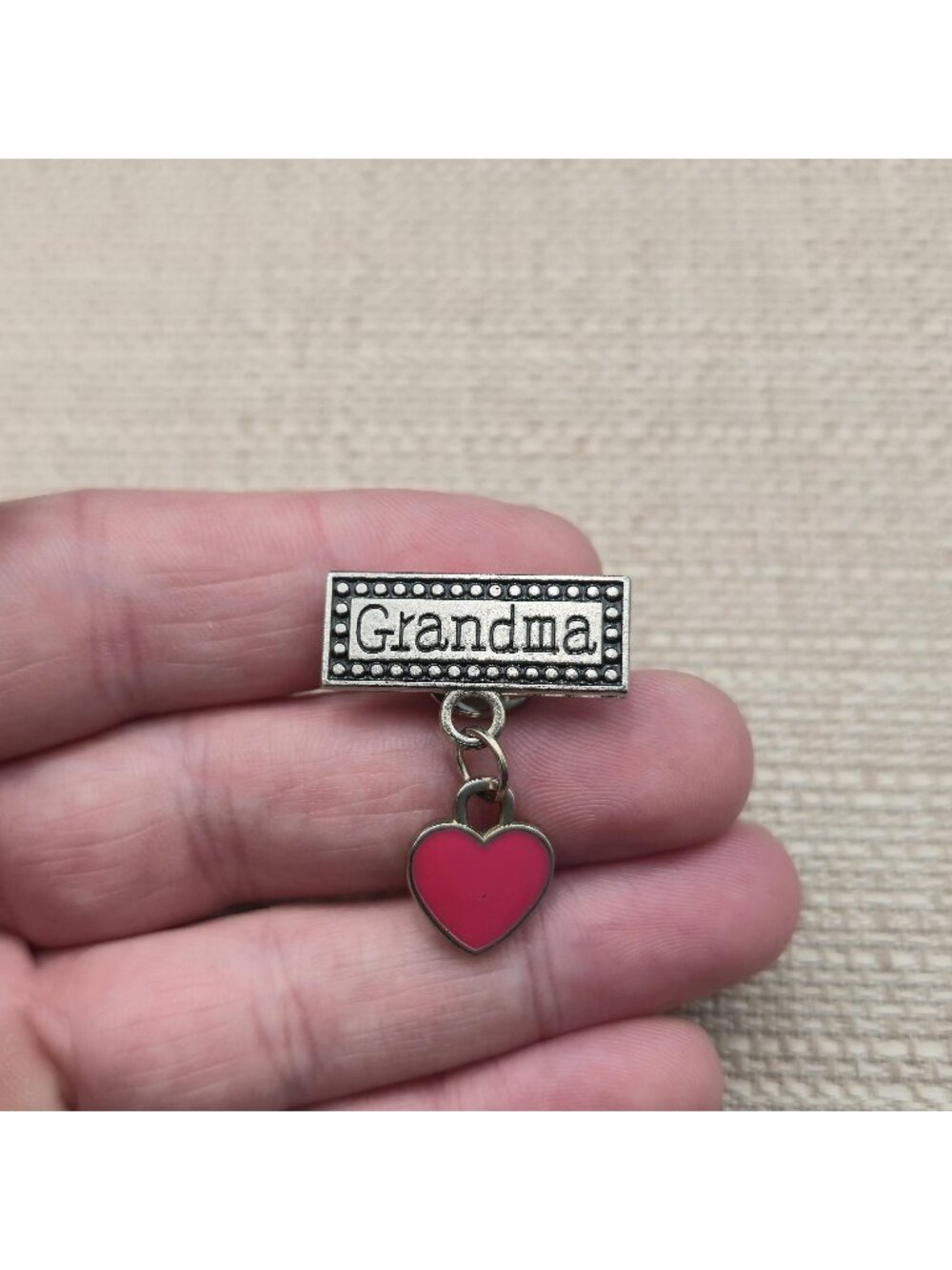 Vintage Grandma Silver Tone Brooch Pin with Dangle Pink Enamel Heart A8207